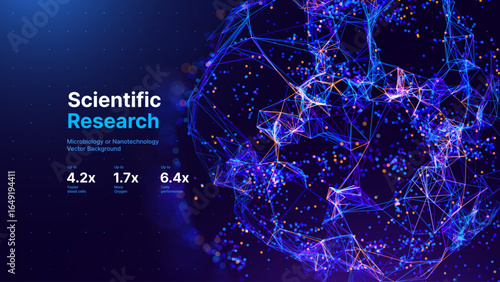 Biology Cell Scientific Medical Research Background. Science Blue Cells Backdrop with Depth of Field Blur Particles Effect. Futuristic Plant Microbiology. Blue Virus Cells Vector Illustration.