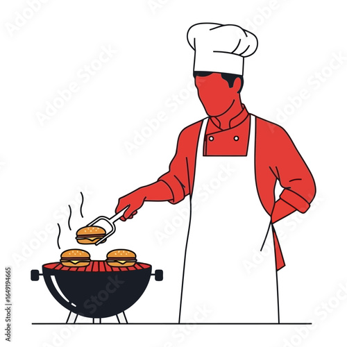 Culinary Maestro's Grill: A culinary expert, clad in a chef's hat and apron, diligently grills flavorful burgers on a barbecue. A symbol of gastronomic artistry and the joy of outdoor cooking.