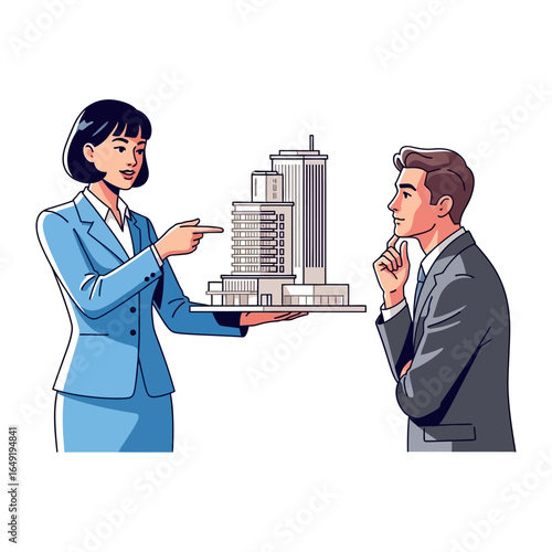 Architectural Vision: A poised businesswoman presents a meticulously crafted architectural model to a thoughtful client, symbolizing a collaborative vision for the future