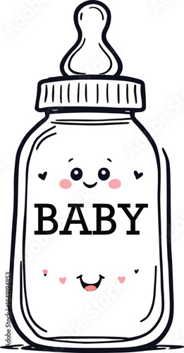 "Illustration of a Baby Bottle with Smiling Face, Bold 'BABY' Text, and Decorative Hearts Around Cheeks and Mouth – Cute Design Featuring Nipple Top and Facial Details, Ideal for Infant Care Graphics,