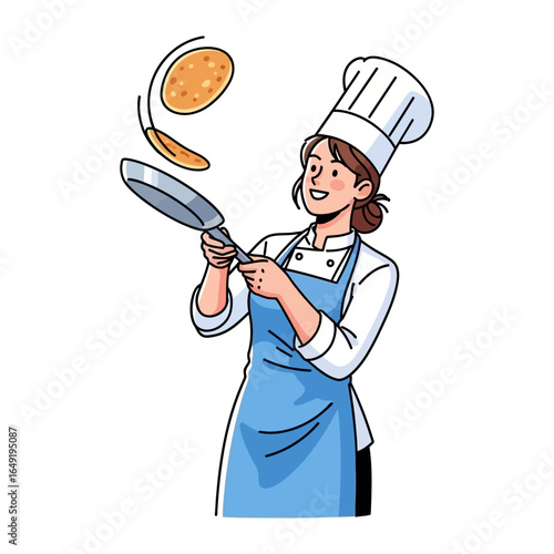 Culinary Acrobatic: A skilled chef expertly flips pancakes in a pan, showcasing culinary prowess and a joyful approach to breakfast preparation.