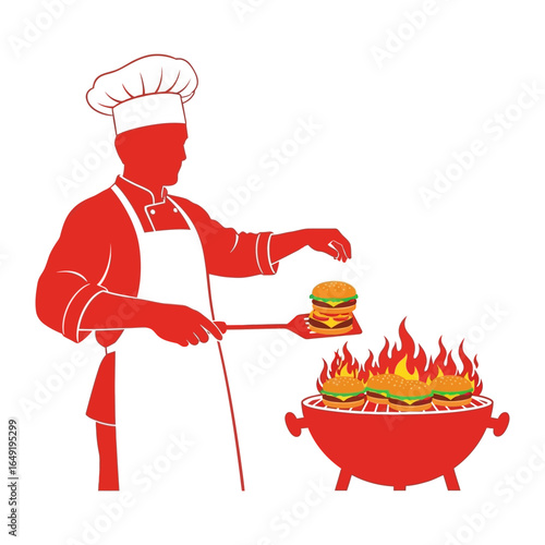 Chef's Culinary Symphony: A bold graphic illustration presents a chef diligently preparing burgers on a flaming grill, emphasizing the art of cooking and the delicious outcome.