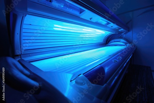 Tanning bed lit with blue UV light.  Interior view