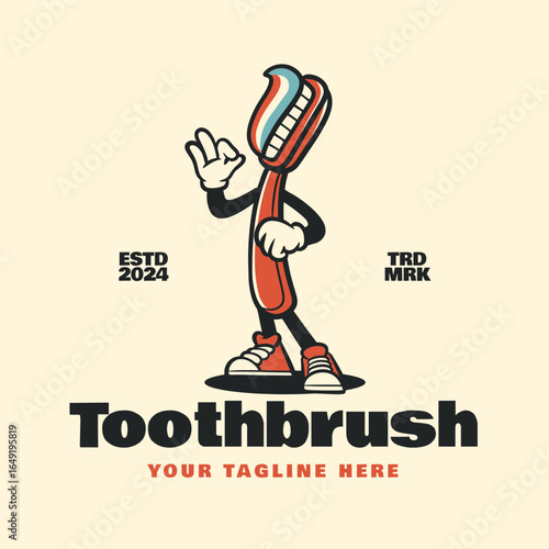 Toothbrush Retro Vintage Mascot Logo Character