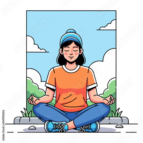 Woman meditating in lotus pose outdoors with blue sky and clouds meditation yoga