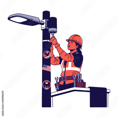 Illustration of a Worker Repairing a Street Lamp: A skilled worker in a hard hat and safety vest meticulously repairs a street lamp, highlighting the essential role of infrastructure maintenance.