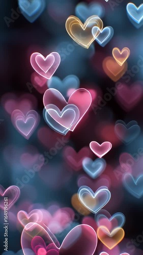 Heart bokeh lights background – romantic abstract, glowing colorful hearts, Valentine’s Day, love celebration, wedding design, festive romantic mood, pink blue yellow light shapes, dreamy romantic bac