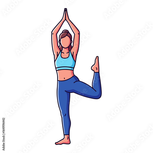 Woman in yoga pose with arms raised and one leg bent fitness exercise