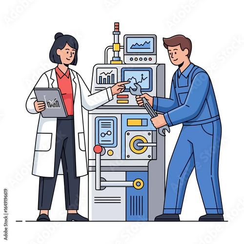 Engineering Collaboration: An illustration shows two individuals working together on intricate machinery, embodying expertise and problem-solving.
