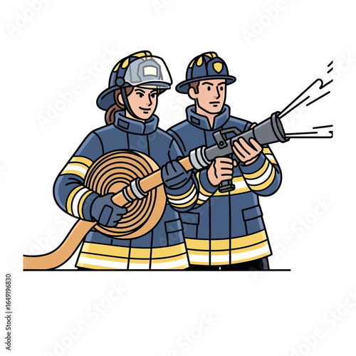 Heroes of the Day: Depicting two courageous firefighters in their duty, one managing the hose and the other directing it towards the unseen danger.