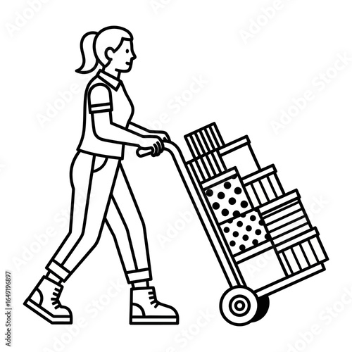 Delivery Worker's Journey: A dynamic sketch captures the essence of a dedicated worker as she navigates the world, transporting a collection of packaged boxes with efficiency and purpose.