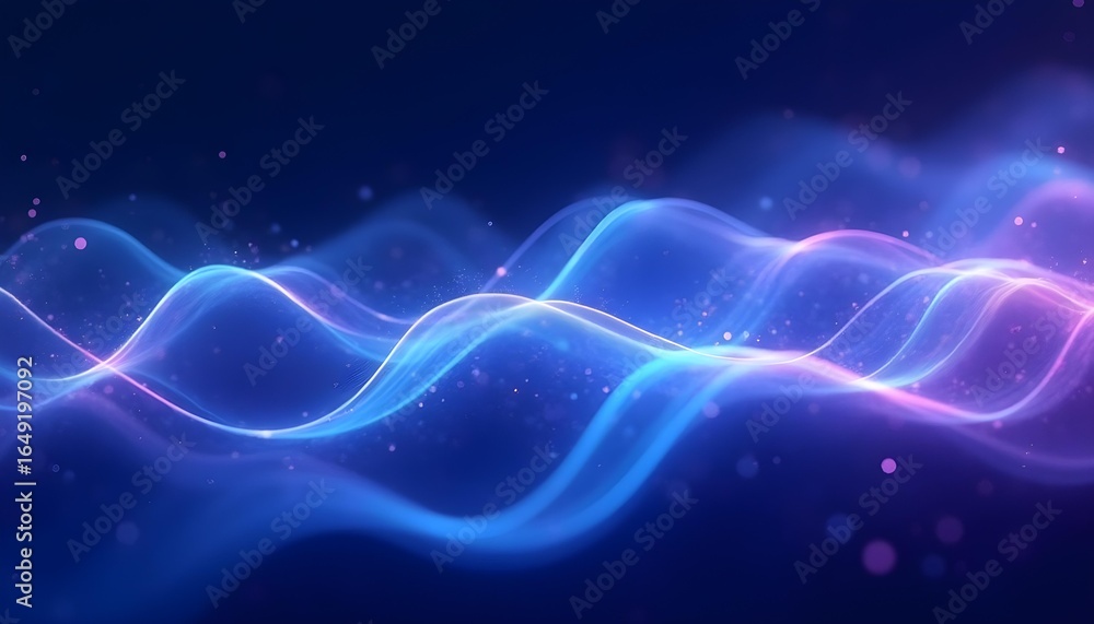 Fototapeta premium Abstract tech waves with flowing lines and glowing particles, gradient blues and purples.