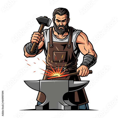 Blacksmith Crafting Metal: A muscular blacksmith, eyes focused, hammers a glowing piece of metal on an anvil, sparks flying, showcasing the raw power and precision of traditional craftsmanship.