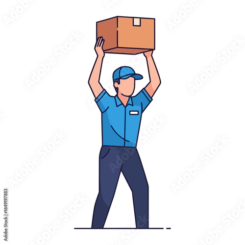 Courier with Package: A delivery professional lifts a cardboard box above his head, representing reliable and efficient shipping services with graphic illustration.