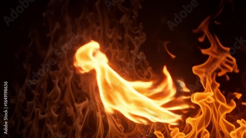 Slow-motion flames burning vividly against a black background.