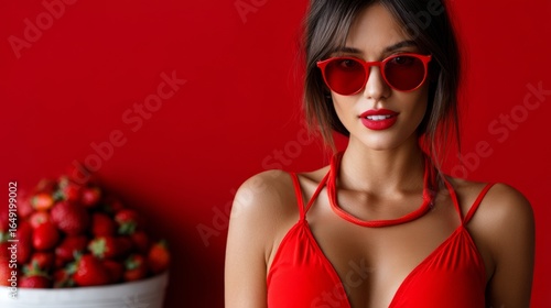 Stylish woman in red bikini with sunglasses and strawberries for fashion lifestyle summer branding photography editorial bold vibrant visuals