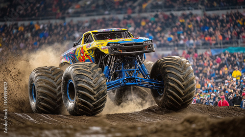 Close-up of monster truck launch, oversized tires kicking up dirt, fans in colorful outfits watching