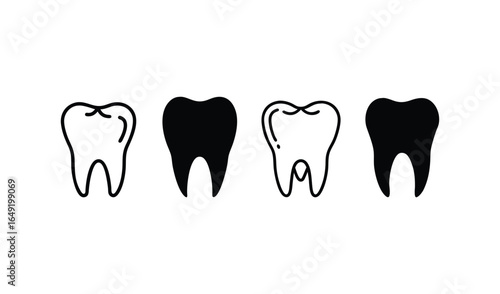 Four stylized teeth two healthy and two decayed on a white background