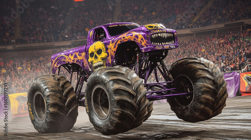 Monster truck with skull design leaping across arena floor, crowd standing and shouting