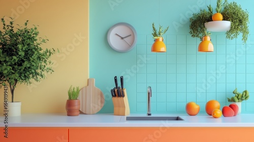 Playful colorful kitchen interior with wall decor and fruit bowls for lifestyle branding cooking healthy food styling photography