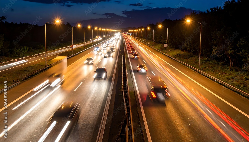 Obraz premium Night Highway Traffic Flow at Dusk with Light Trails