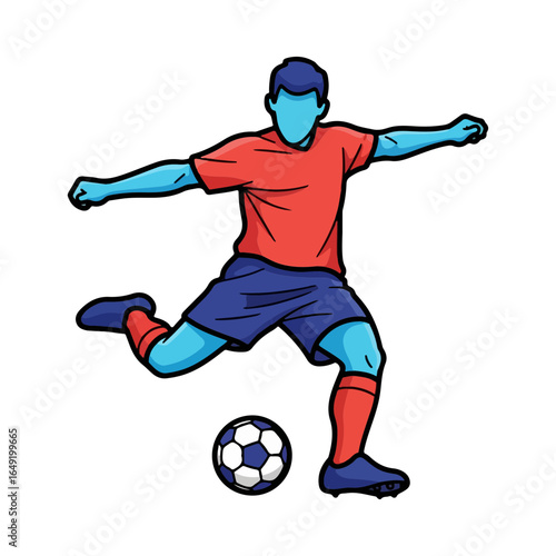 Stylized soccer player kicking a ball with blue skin and red shirt football