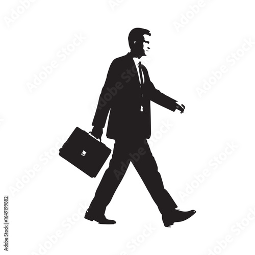  Silhouette of a professionally dressed man walking confidently, viewed in full-body profile. 