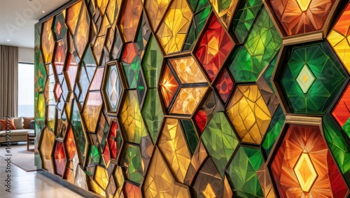 Vibrant geometric stained glass wall art creates warm ambiance
