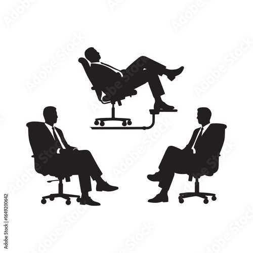  Silhouette of three professionally dressed men seated in modern swivel office chairs, depicted in various relaxed and authoritative poses.