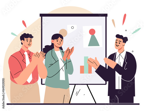 Flat Vector of a Marketing Team Unveiling a New Campaign Idea with Poster Mockups, Applause, and Vibrant Visuals in the Background