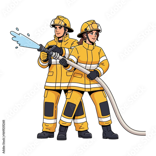 Heroic Firefighters in Action: Two courageous firefighters, clad in protective gear, stand ready with a powerful hose, a symbol of their bravery, expertise, and dedication in the face of adversity.