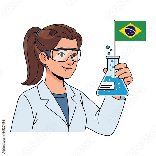 Scientific Brazil Experiment: A dedicated scientist conducts a fascinating experiment holding a flask of bubbling liquid with the Brazil flag symbol, a vibrant symbol of scientific exploration.