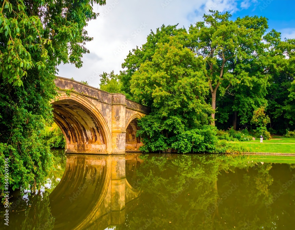 Fototapeta premium Stone bridge over a calm river, lush trees