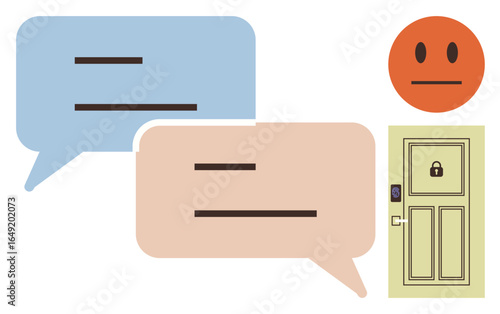 Two chat bubbles representing conversations, a locked door symbolizing restricted access, and an orange neutral face implying indifference or lack of response. Ideal for communication, privacy