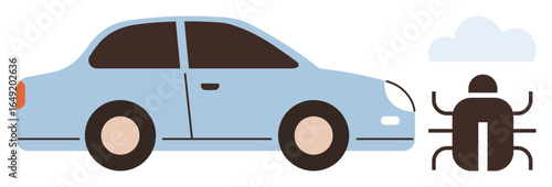 Blue compact car beside large black bug, symbolizing automotive software issues. Ideal for technology, innovation, problem-solving, cybersecurity, driverless technology, transportation, software