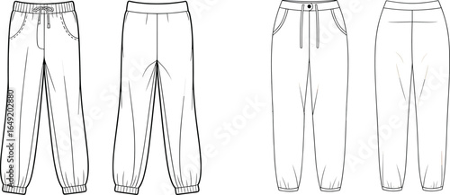 Technical flat sketch vector set of women's jogger pants and high-waist trousers for fashion design, garment production, and tech pack templates.