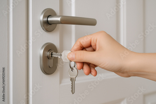 Close-up of a hand inserting a house key into a cylinder lock on a white door, with keys hanging on the ring. Real estate, rent, access and home security concept. Unbranded.