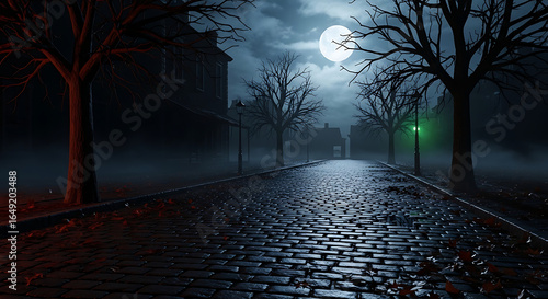 A cobblestone street at night with a full moon and bare trees creating a spooky and eerie atmosphere