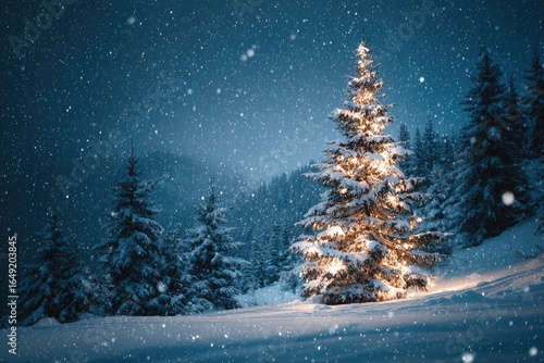 Illuminated Christmas tree in a snowy mountain landscape at night