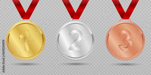 3D realistic bronze, silver and golden awards with ribbon on transparent background. First, second and third place blank medals