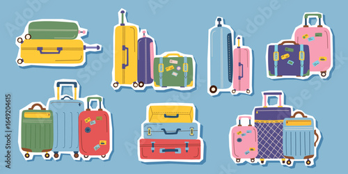 Set of travel suitcases isolated on blue background. Concept of family travel, vacation, business trip. Vector  cliparts in a flat style.