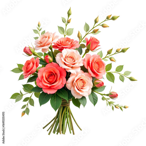 Beautiful bouquet of pink and coral roses with green leaves on a black background