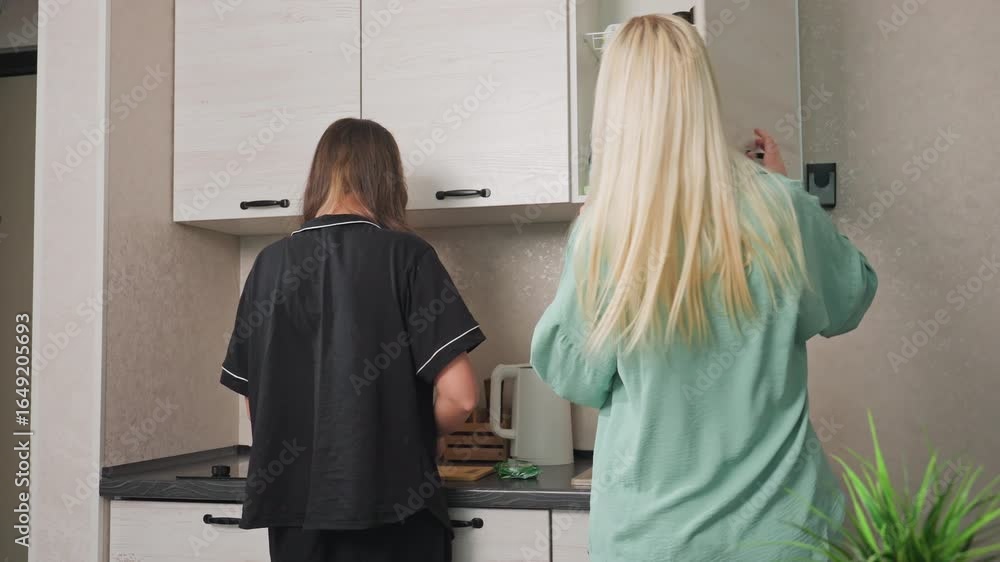 Back view of ladies preparing food in modern kitchen with white cabinets, countertop, kettle, and houseplants, casual home setting with natural light, relaxed daily cooking activity at home Back view of ladies preparing food in modern kitchen with white cabinets, countertop, kettle, and houseplants, casual home setting with natural light, relaxed daily cooking activity at home
