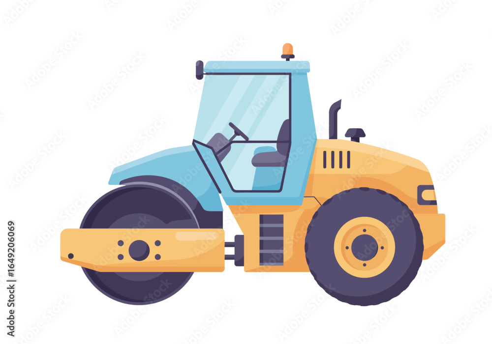 Fototapeta premium Cartoon Road Roller with Blue Cab and Yellow Body Illustration.