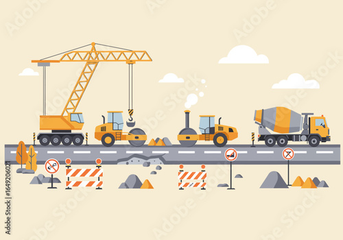 Construction Vehicles on Road Repair Scene with Crane Rollers and Cement Truck.