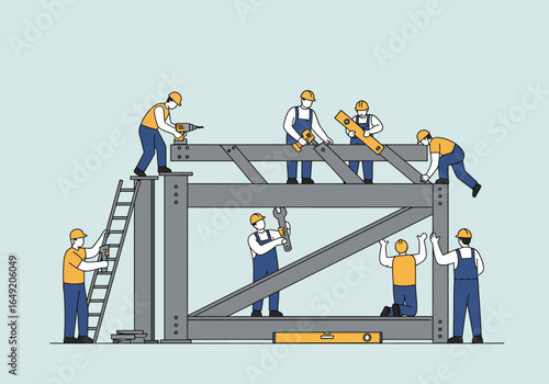 Construction Workers Assembling Steel Structure with Tools and Safety Gear.