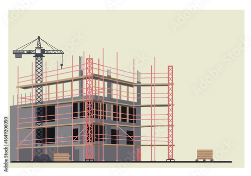 Building Under Construction with Crane and Scaffolding Illustration.