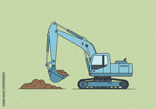 Blue Excavator Digging Soil Heavy Machinery Illustration Construction Equipment.