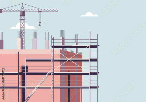 Building Construction Site with Crane and Scaffolding Illustration.