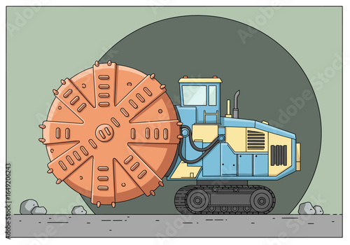 Tunnel Boring Machine Cartoon Illustration with Large Cutting Wheel.